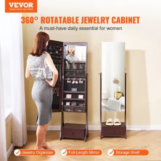Gabinete de joyería con espejo, espejo de pie con almacenamiento, longitud completa, marrón