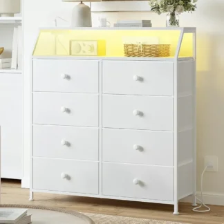 Cómoda para dormitorio con estación de carga y luces LED, cómoda alta blanca con estante, tapa de madera de 2 piezas, almacenamiento grande