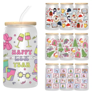 Feliz Año Nuevo árbol de Navidad pan de jengibre 16OZ UV taza envoltura DTF pegatinas de transferencia para Libbey vidrio lata tazas vaso impermeable