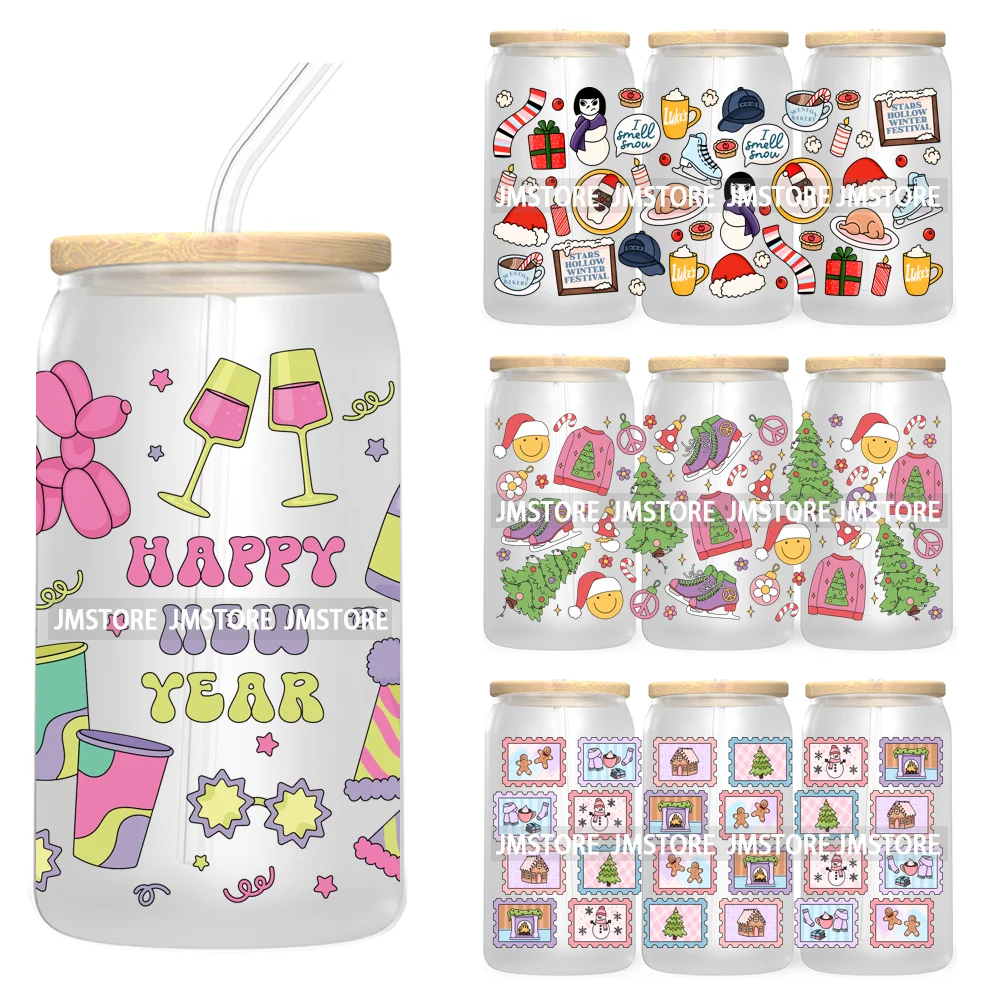 Feliz Año Nuevo árbol de Navidad pan de jengibre 16OZ UV taza envoltura DTF pegatinas de transferencia para Libbey vidrio lata tazas vaso impermeable