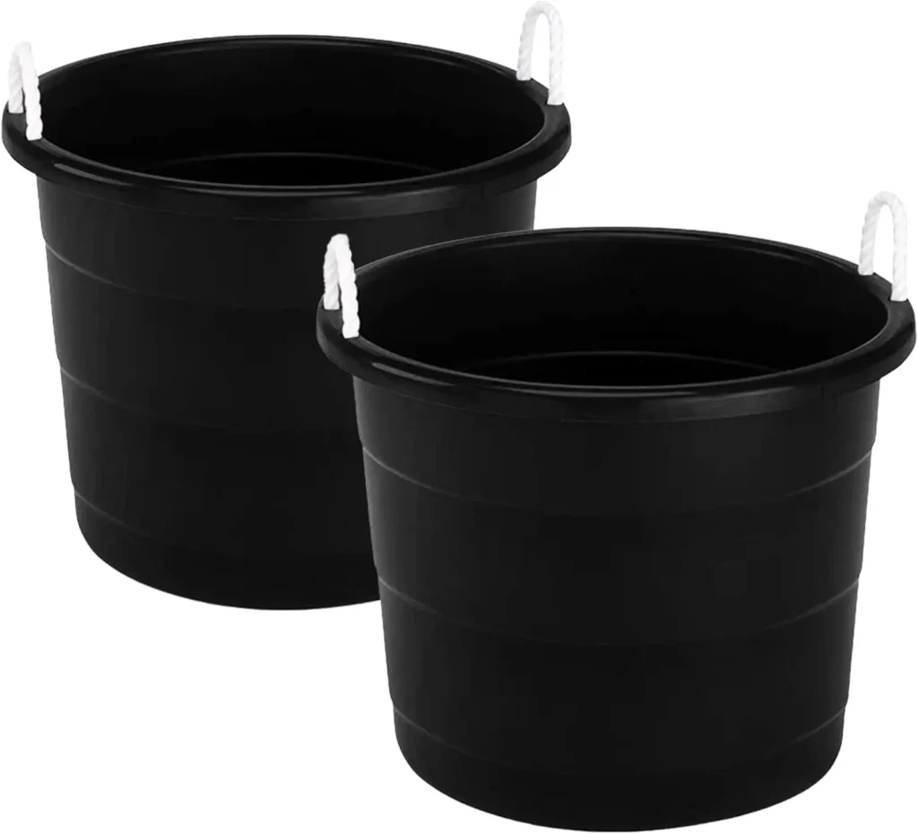 Paquete de 2 cubos de plástico, bañera redonda con asas de cuerda, 17 galones, negro