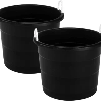 Paquete de 2 cubos de plástico, bañera redonda con asas de cuerda, 17 galones, negro