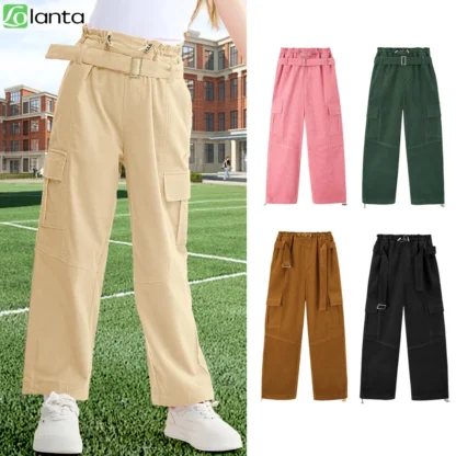 LOlanta-pantalones de pana de pierna ancha para niña, pantalón de cintura alta Vintage, ropa de calle informal, 5 a 12 años