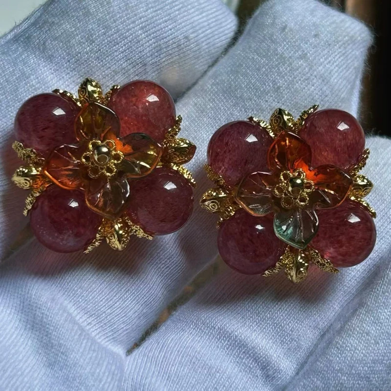 Pendientes de tuerca de cristal de cuarzo y fresa Natural para mujer, diseño Original Vintage, pendientes de tuerca de flor de cristal esmaltado de color checo Retro