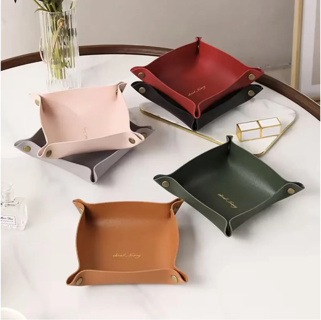 Bandeja de almacenamiento de cuero de estilo nórdico, organizador de escritorio para llaves, joyería, caja de almacenamiento de cosméticos, organizador plegable, decoración del hogar