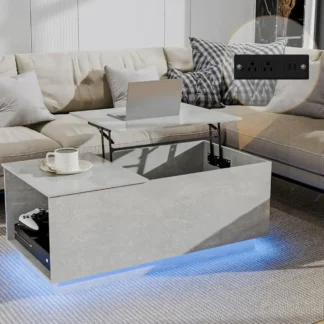Mesa de centro Led con estación de carga, mesa de comedor con elevación gris, compartimento oculto de almacenamiento, centro superior elevador moderno