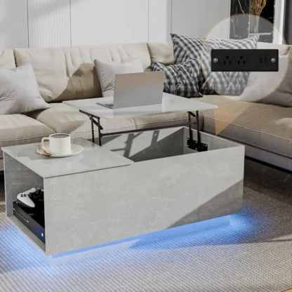 Mesa de centro Led con estación de carga, mesa de comedor con elevación gris, compartimento oculto de almacenamiento, centro superior elevador moderno