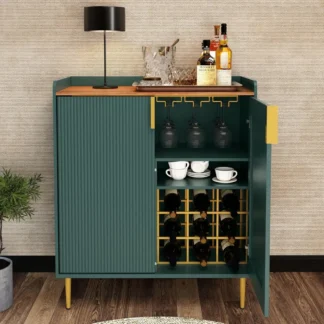 Mueble para cafetería con estantes para vino, mueble para licores verde con textura estriada, aparador moderno para cocina