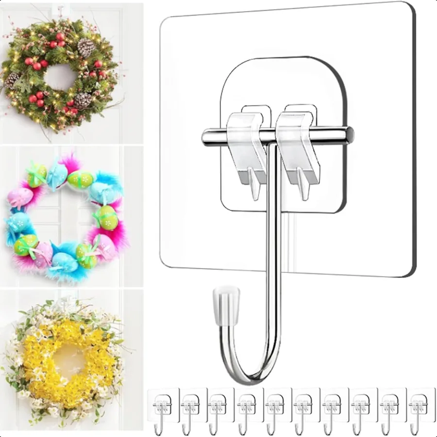 Ganchos de corona para puerta delantera, corona transparente grande, colgador de puerta, Pascua, Navidad, decoraciones de Halloween, 60 libras, ganchos para puerta, adhesivos para puertas de vidrio