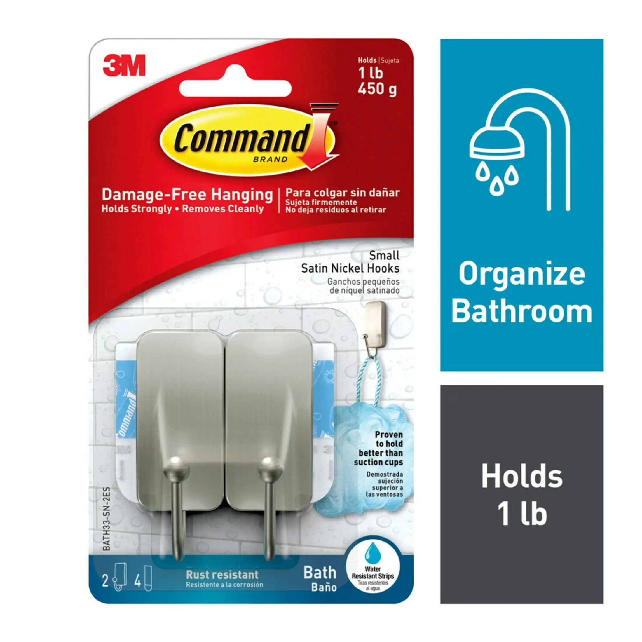 Ganchos pequeños de níquel satinado para baño, 2 ganchos de pared, 4 tiras resistentes al agua, organización de baño