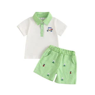 Conjunto de verano de 2 piezas para bebé, niño pequeño, camisa de manga corta con medio botón, pantalones cortos de cintura elástica a cuadros