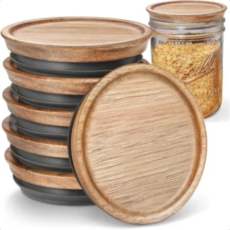 Paquete de 6 tapas de tarros de vidrio de madera de boca ancha para tarros de bola, tapas de tarros de albañil de madera de Acacia reutilizables con sello hermético de silicona Perf