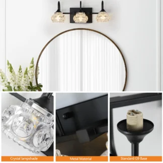 Lámpara de tocador de baño retro de 3 luces de 17" - Acabado negro con pantallas de cristal, iluminación montada en la pared