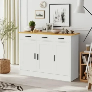 Mueble de Buffet blanco de 43,3 pulgadas de ancho, mueble de cafetería con 3 cajones y 3 puertas, aparador de Buffet de cocina para sala de estar, cocina