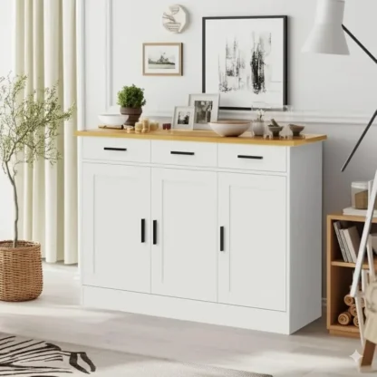 Mueble de Buffet blanco de 43,3 pulgadas de ancho, mueble de cafetería con 3 cajones y 3 puertas, aparador de Buffet de cocina para sala de estar, cocina