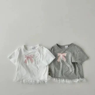 2025 novedad de verano, camisetas con bonito lazo para niña, camiseta de manga corta para bebé, camiseta de algodón para niñas, camisetas con cuello redondo para niños, ropa para niños pequeños