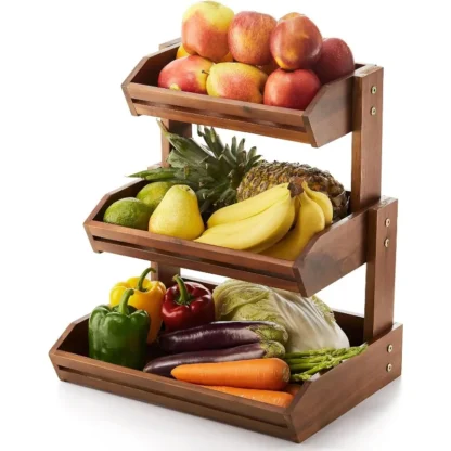Cesta de frutas de madera de acacia, frutero de 3 niveles para encimera de cocina, extra grande, 16x12,5x18 pulgadas, Fruteros Para Cocina, Fru