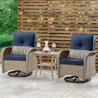 Sillas de mimbre giratorias para Patio, Juego de 2 mecedoras giratorias para exteriores con mesa lateral de mimbre, silla giratoria basculante para exteriores