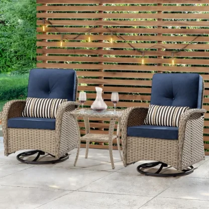 Sillas de mimbre giratorias para Patio, Juego de 2 mecedoras giratorias para exteriores con mesa lateral de mimbre, silla giratoria basculante para exteriores