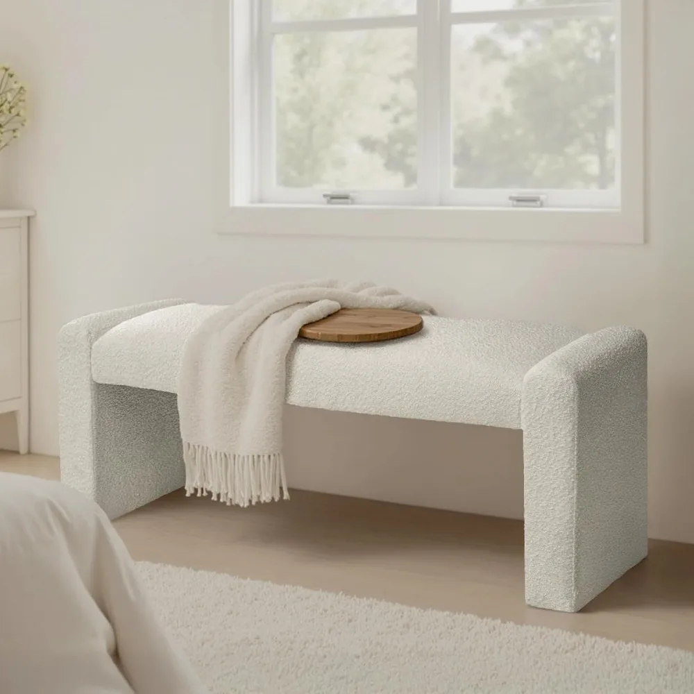 Banco de extremo de cama de 47", banco de entrada tapizado de tela moderna, banco decorativo con taburete reposapiés con marco de madera maciza para dormitorio