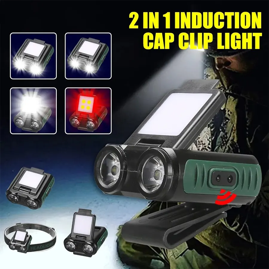 Sensor de luz LED COB, linterna de cabeza recargable USB, linterna de cabeza incorporada, faro LED para pesca, camping