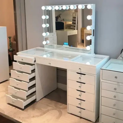 Tocadores netizen, mesa de maquillaje estilo Ins rosa claro de lujo, bombilla, tocador de estudio, gabinete de una pieza