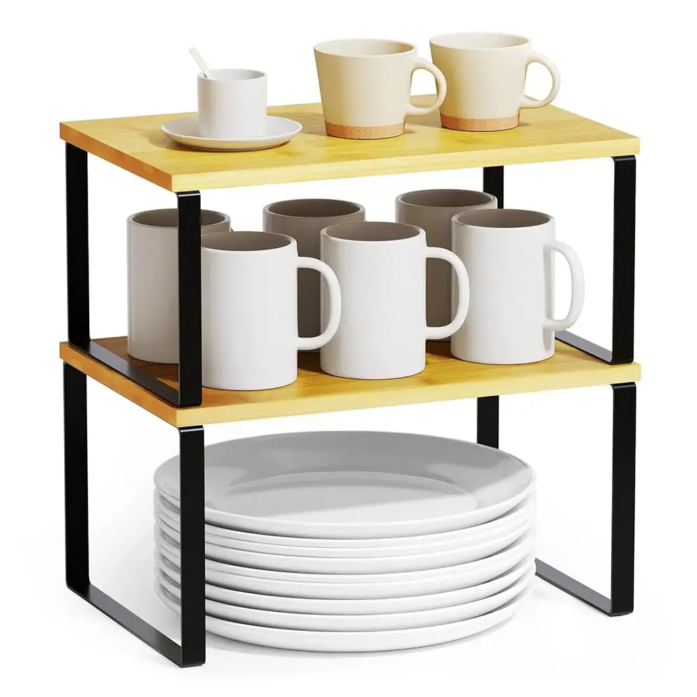 Organizadores de estantes para gabinete, paquete de 2, estantes elevadores para mostrador de cocina, estante de especias expandible apilable, almacenamiento de armario de despensa