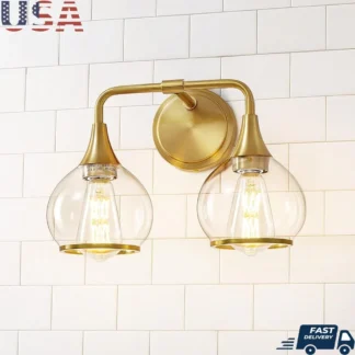 Lámpara de baño dorada, iluminación de tocador de 2 luces, aplique de pared con pantalla de vidrio transparente, diseño moderno de mediados de siglo, regulable