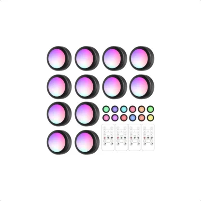 Puck de luces LED con control remoto, 16 colores cambiables, luces debajo del gabinete con control y sincronización, funciona con pilas inalámbricas