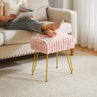 Taburete otomano rectangular con reposapiés, mesa auxiliar para tocador de maquillaje, silla con reposapiés, patas de acero dorado, patrón de rejilla cuadrada
