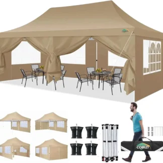 Toldo emergente de 10x20 con 6 paredes laterales, tiendas de campaña instantáneas impermeables para bodas y fiestas, tienda con dosel comercial fácil de usar, color caqui