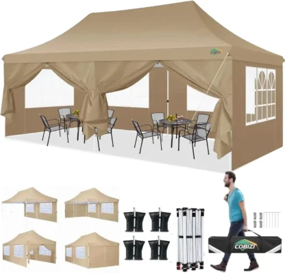 Toldo emergente de 10x20 con 6 paredes laterales, tiendas de campaña instantáneas impermeables para bodas y fiestas, tienda con dosel comercial fácil de usar, color caqui