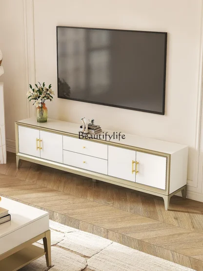 Mueble de TV de madera maciza, armario bajo con suelo de viento color crema para el hogar y la sala de estar