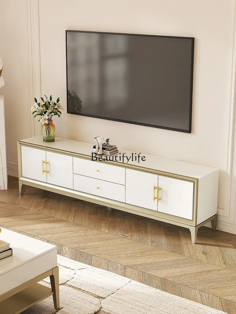 Mueble de TV de madera maciza, armario bajo con suelo de viento color crema para el hogar y la sala de estar
