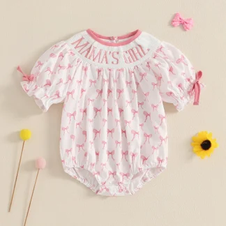 Sweety-Pelele de verano para niña, mono ahumado con estampado de lazo bordado y letras de manga corta, mono para niña recién nacida, ropa