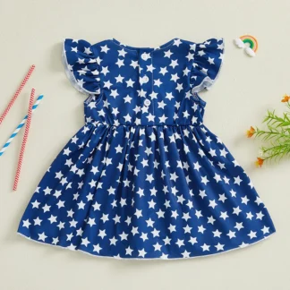 Vestido patriótico del Día de la Independencia para mujer con mangas aleteadas Estampado de estrellas y detalle de bandera americana bordado en una línea