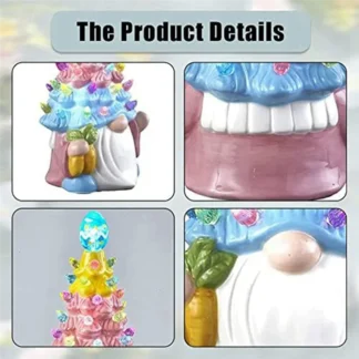 A07F-Decorios de Pascua - Árbol de Pascua de resina con gnomos iluminados con luces multicolores - Mini decoración navideña de Pascua preiluminada