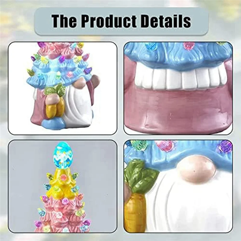 A07F-Decorios de Pascua - Árbol de Pascua de resina con gnomos iluminados con luces multicolores - Mini decoración navideña de Pascua preiluminada