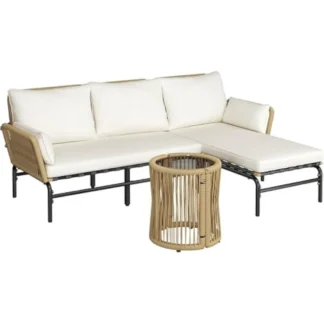 Juego de sofás de conversación en forma de L de 3 piezas, juego de muebles de patio al aire libre con tumbona desmontable, cojines gruesos, mesa auxiliar de vidrio para