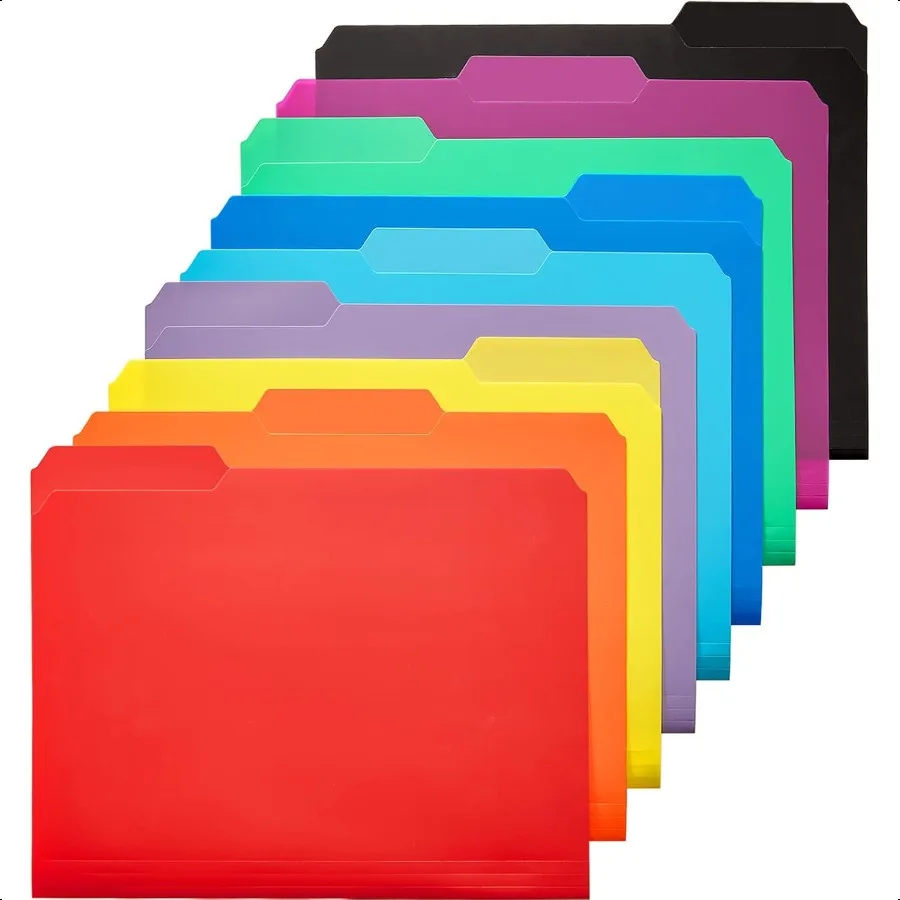 Paquete de 9 carpetas de archivos de colores de plástico, carpetas de archivo para tamaño carta, carpetas de archivos de polietileno, colores surtidos, 1 pestañas de 3 cortes