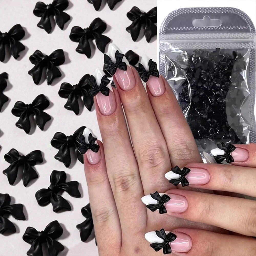 50 Uds. De dijes para uñas con lazo de cinta negra de 10x10mm, lazo de resina 3D Kawaii, diamantes de imitación para decoración de uñas, 6 colores, pajarita plana, decoración de joyas para uñas