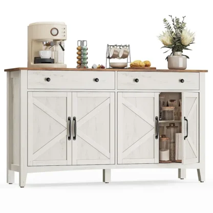 Liry Collection - Mueble tipo buffet, mueble para cafetería con 2 cajones, estantes ajustables, aparador de almacenamiento con orificios para cables,