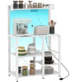 Estantes para panaderos con toma de corriente y luces LED, mesa de centro para cocinas con almacenamiento, soporte para microondas con soportes de vidrio,