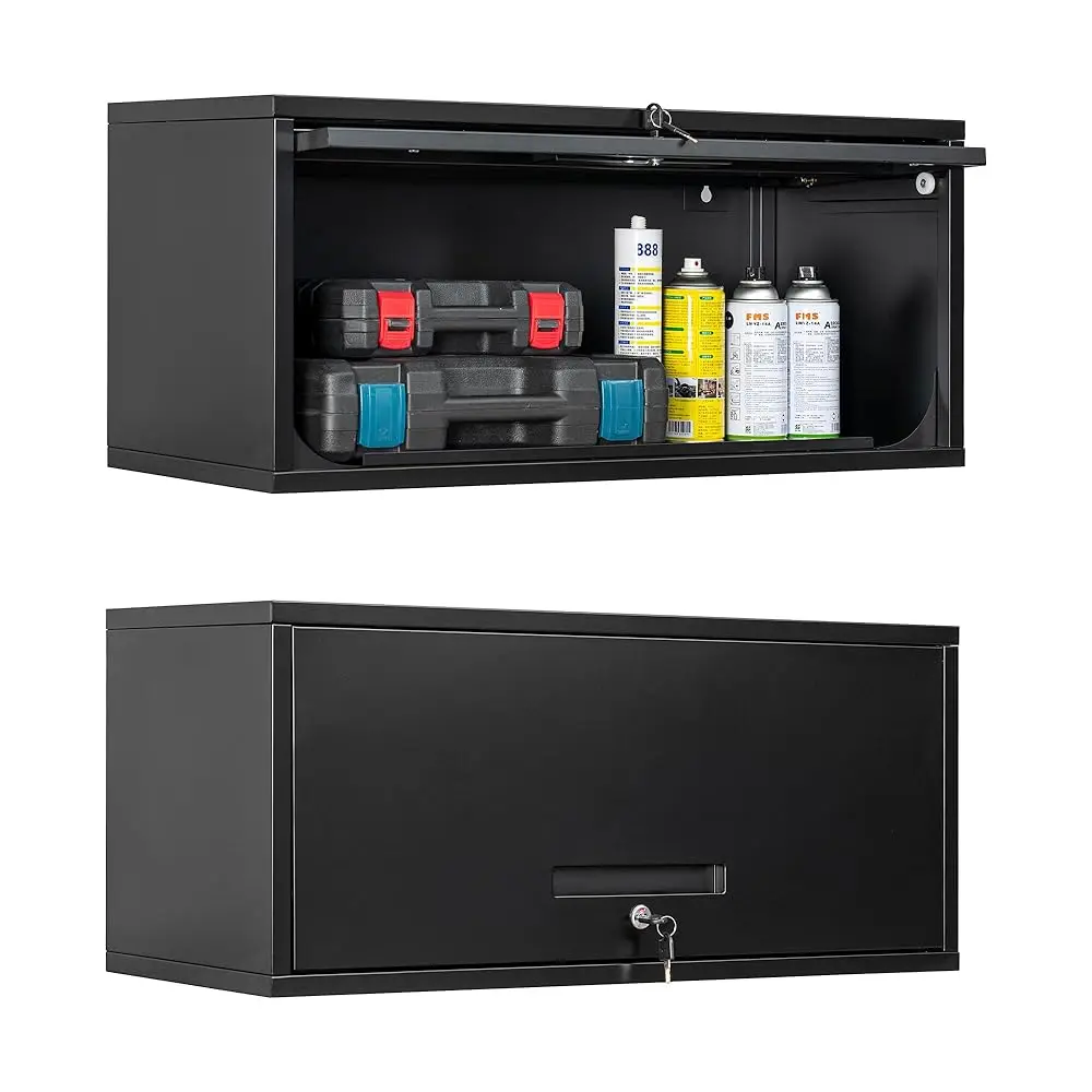 Gabinete de garaje de metal con puertas, gabinete de almacenamiento montado en la pared, gabinete de herramientas flotante para sótano, cocina, almacén (negro,