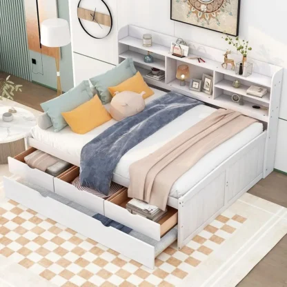 Sofá cama de almacenamiento de tamaño completo con nido, cajones, estantería, marco de cama completo de madera maciza para invitados de niños, sin somier