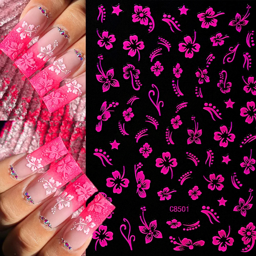 Pegatinas 3D para decoración de uñas con flor de hibisco rosa/púrpura Y2K, calcomanía acrílica colorida de hibisco para uñas, calcomanía autoadhesiva de pétalo de hibisco y * &