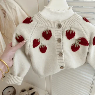 Suéter para niña, novedad de Otoño de 2023, suéter bordado hecho a mano, suéter de fresa 3D con cuello redondo para niña, cárdigan, abrigo de moda