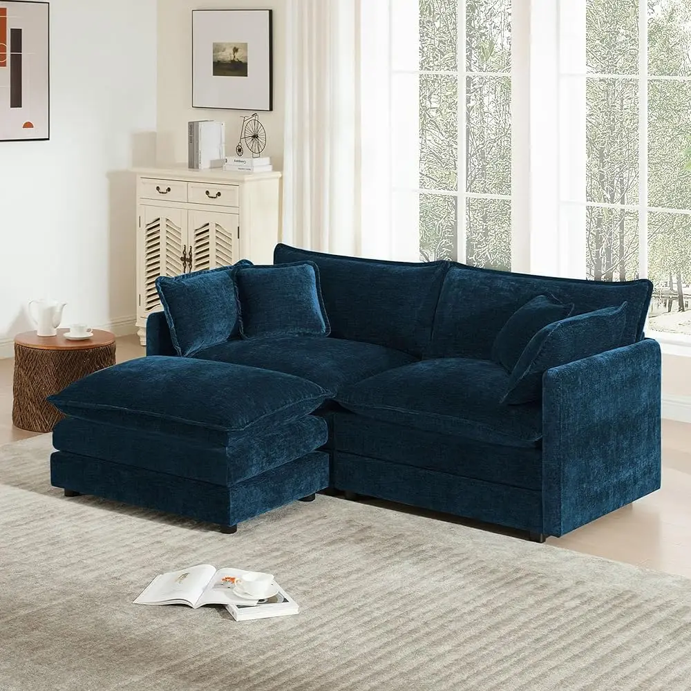Sofá seccional pequeño, sofá nube pequeño en forma de L de 76,7 pulgadas con otomana móvil, juego de sofás para sala de estar, apartamentos, azul