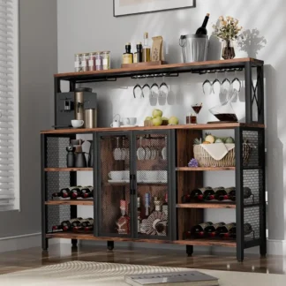 Gabinete de bar industrial, 55 Hes, aparador de cocina, gabinete de buffet con aparador con aparador, gabinete de bar de café con vino Ra y soporte para vasos para
