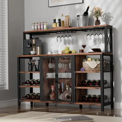 Gabinete de bar industrial, 55 Hes, aparador de cocina, gabinete de buffet con aparador con aparador, gabinete de bar de café con vino Ra y soporte para vasos para